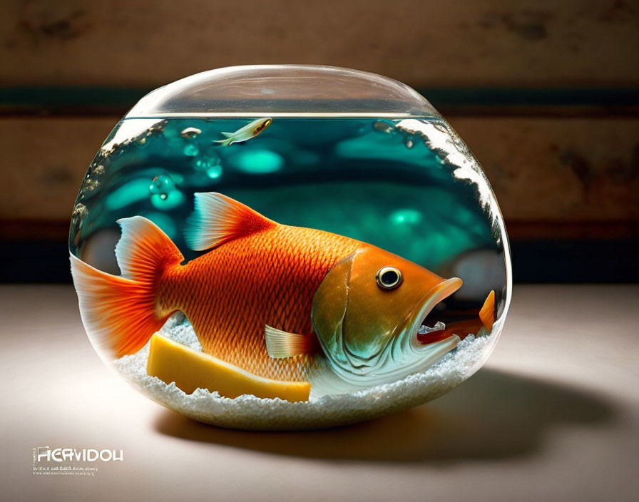 Large orange fish with open mouth in small fishbowl surrounded by smaller fish