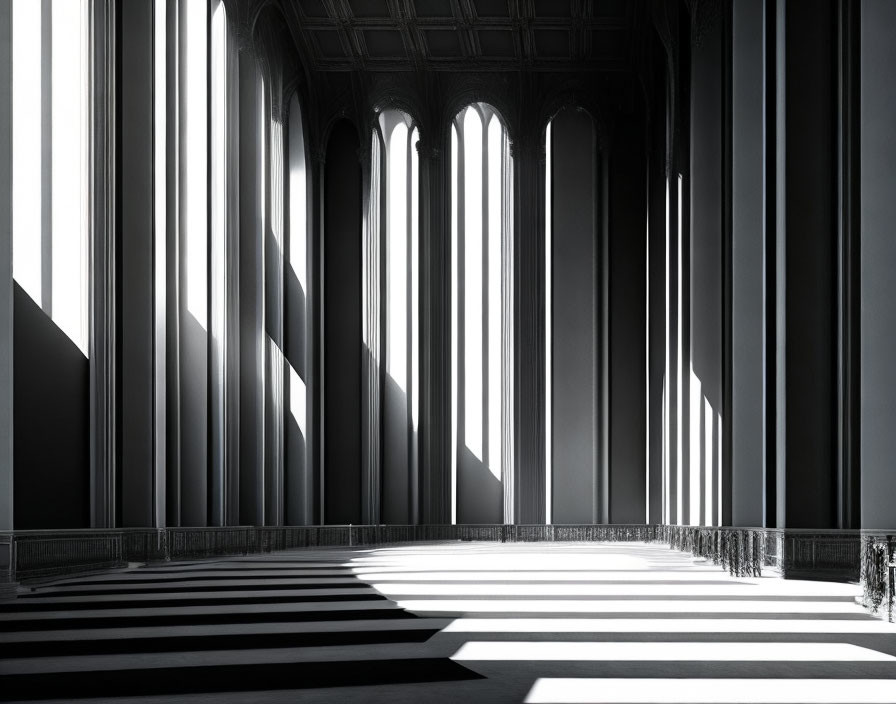 Monochrome grand hall with high ceilings and strong vertical lines