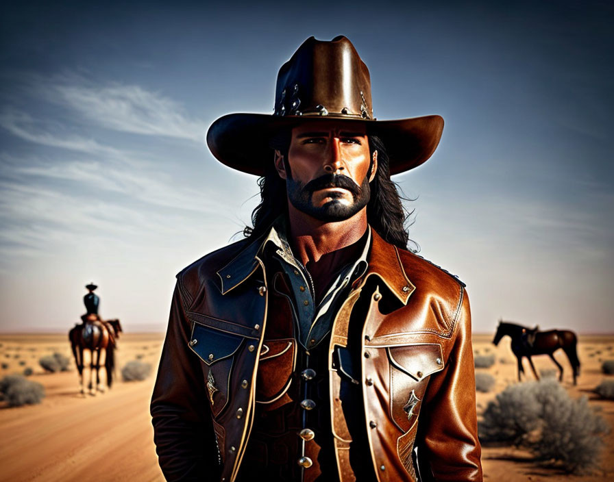 Cowboy in leather hat and jacket in desert with rider and horse.