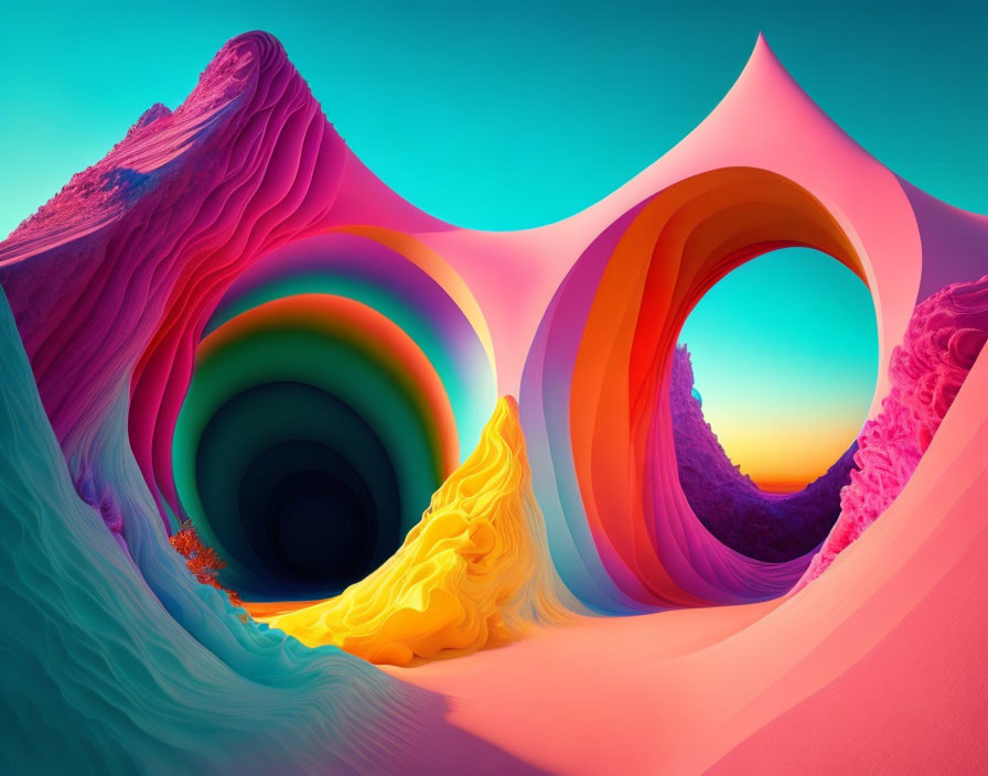 Colorful Swirling Hills and Circular Tunnels in Psychedelic Landscape