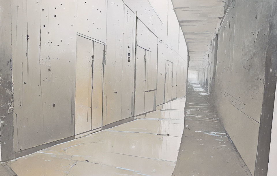 Desolate hallway with closed metal doors and reflective floor.