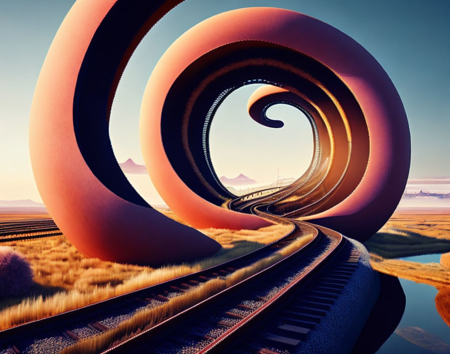 Surreal desert landscape with spiral train tracks