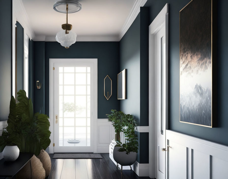 Stylish hallway with dark teal walls, white trim, artwork, globe pendant light, indoor plants