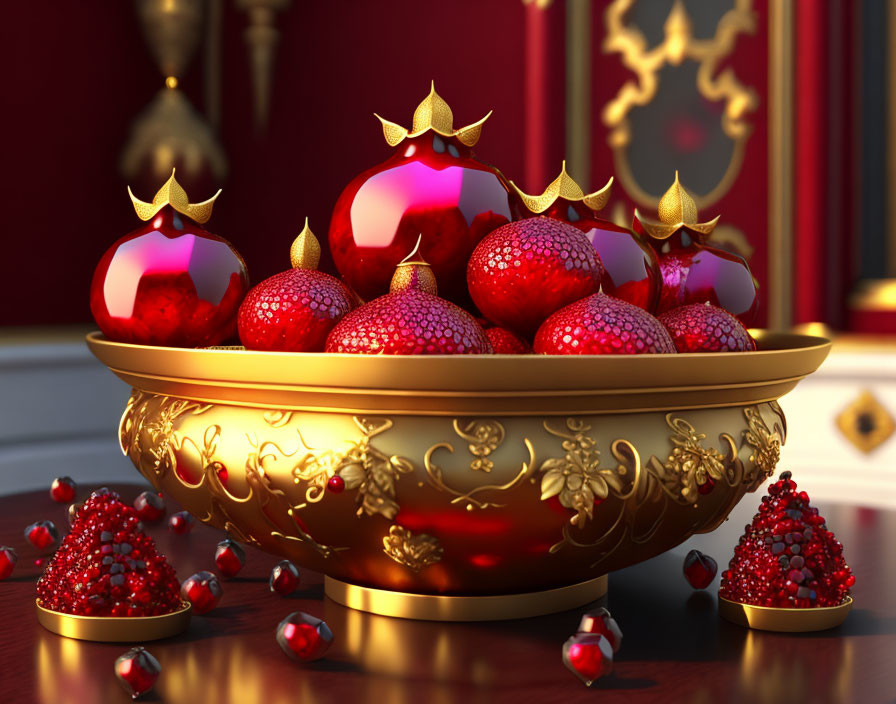 Luxurious golden bowl with red and gold baubles on elegant red background