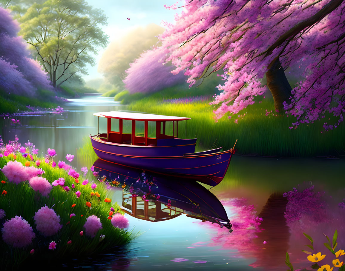 Serene river scene with blue and red boat, lush greenery, and pink cherry blossoms