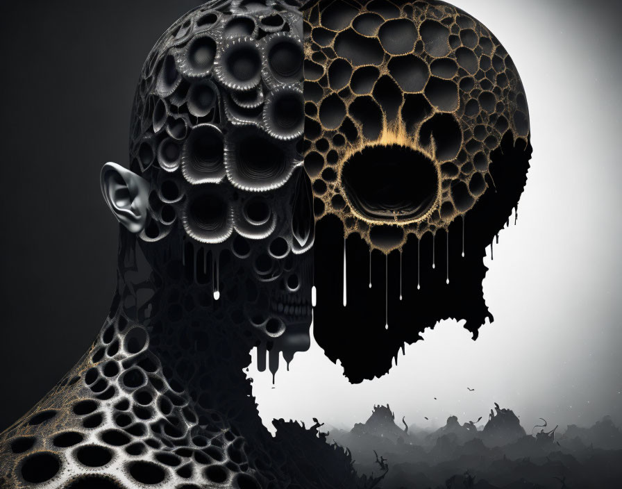 Surreal digital artwork: humanoid figure with disintegrating honeycomb texture and dark eye socket.