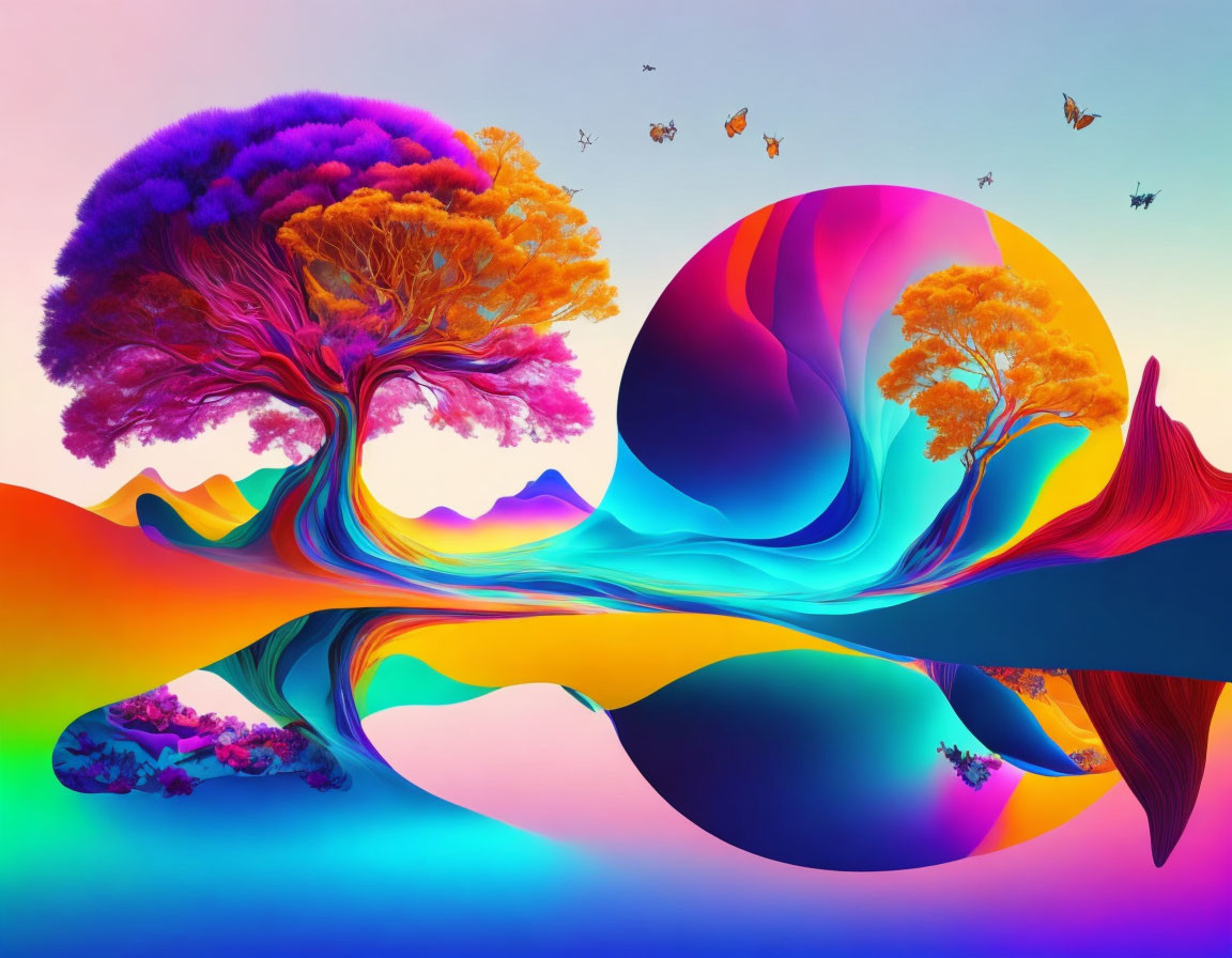 Colorful Surreal Landscape with Swirling Patterns and Vibrant Trees