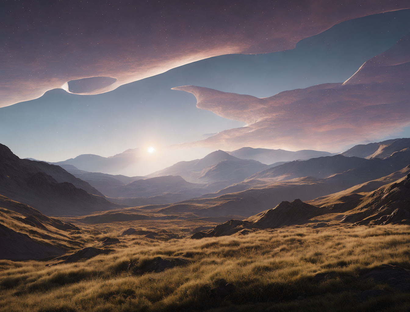 Tranquil sunset landscape with rolling hills and shooting star