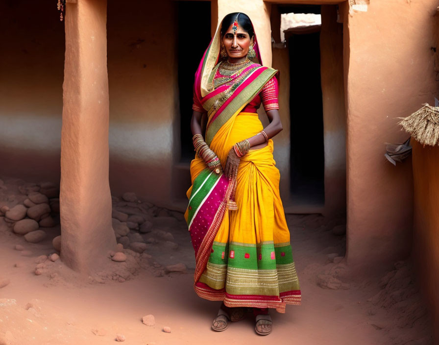 Traditional Indian Attire Woman in Vibrant Colors in Sunlit Earthen Corridor