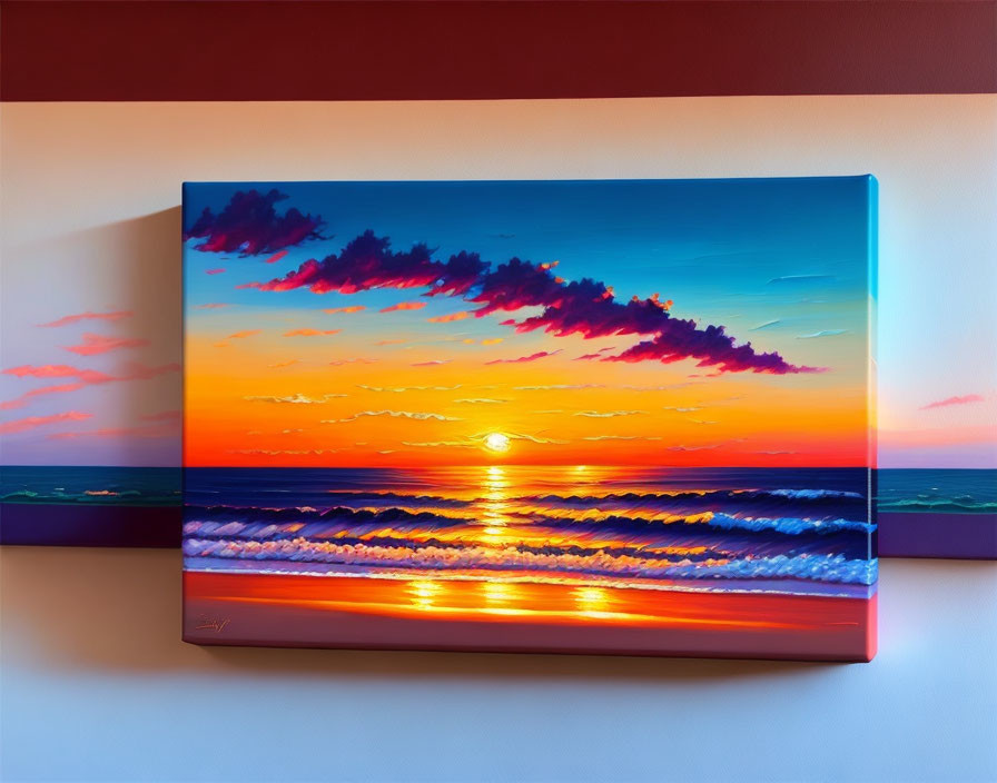 Sunset painting with intense orange hues and ocean waves reflecting, dark clouds in the sky, wall-mounted