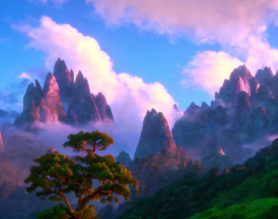 Vibrant landscape with jagged mountain peaks and pink clouds at dusk