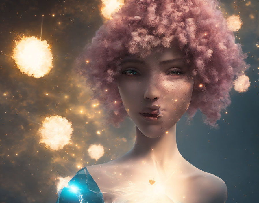 Digital Artwork: Woman with Curly Pink Hair and Ethereal Glow