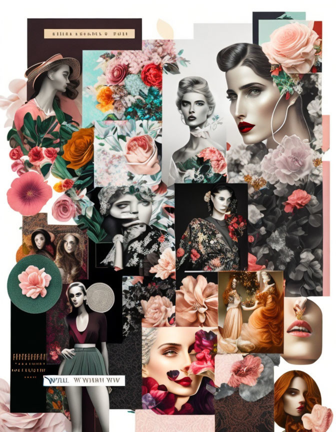 Vintage-Style Female Fashion Collage with Botanical Illustrations