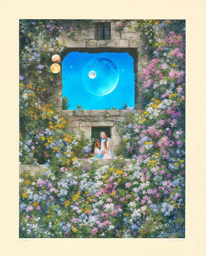 Painting of Two People in Floral Landscape with Moon and Planets