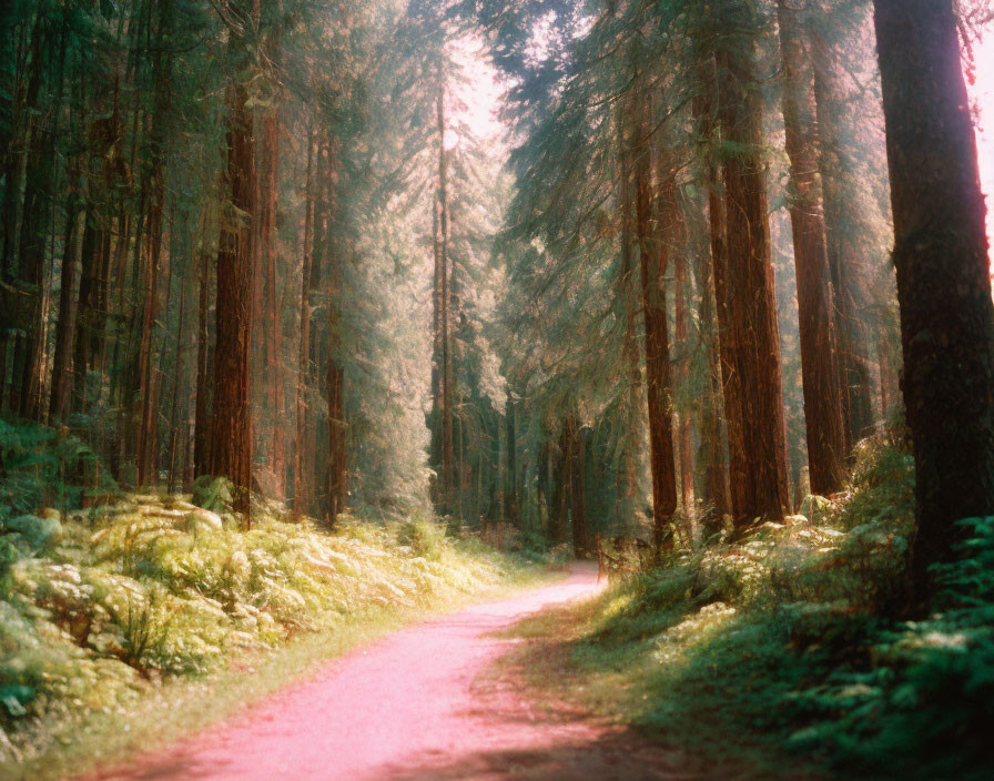 Enchanting sunlit forest path with towering trees and soft glow