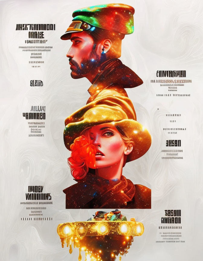 Stylized portrait of man and woman with golden headwear blending on cream background.