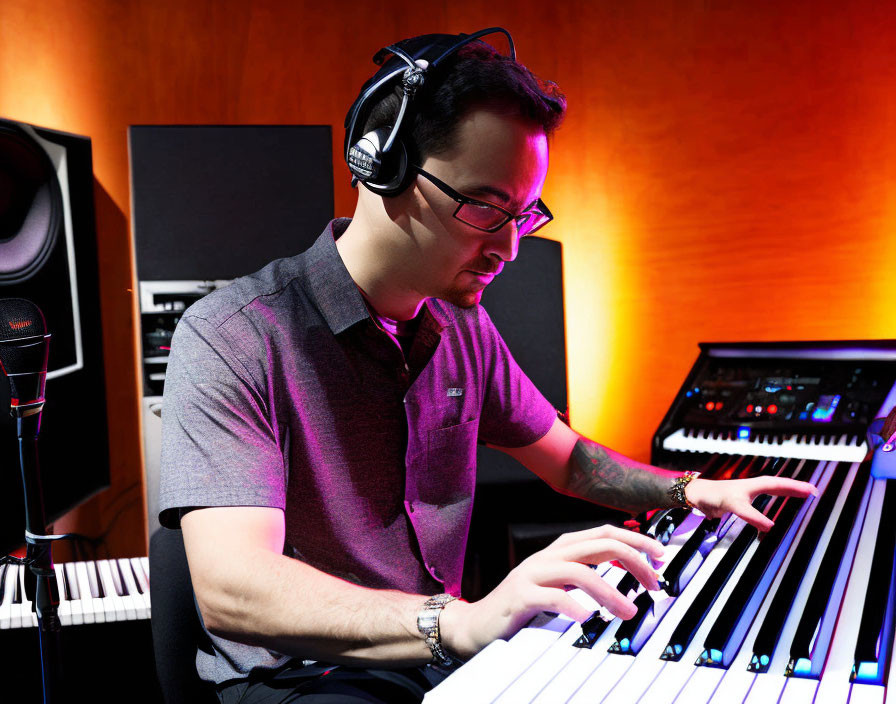 Musician plays keyboard in studio with warm lighting