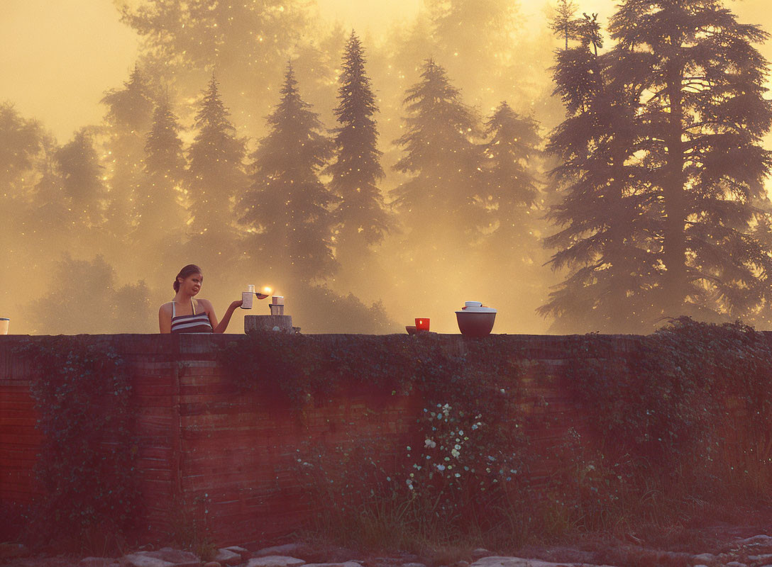 Person Relaxing in Outdoor Bathtub in Misty Forest at Twilight