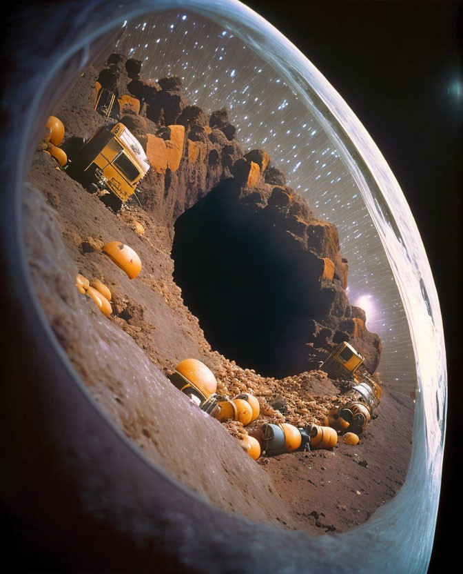 Spherical habitat on barren celestial body with cylindrical structures and excavation site