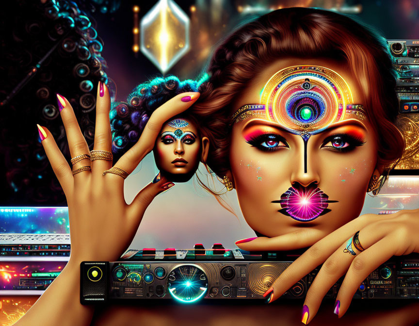 Colorful makeup woman with futuristic elements and small figure on finger