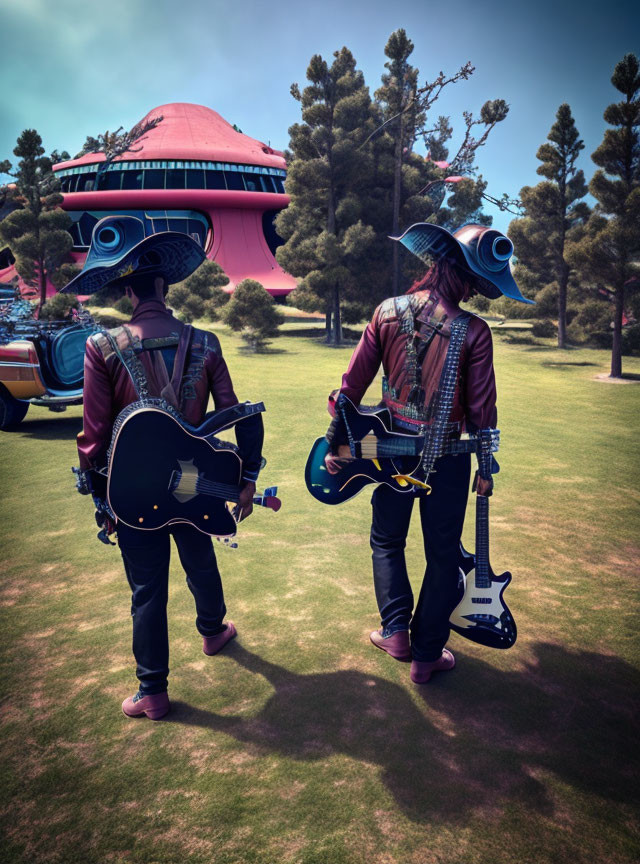 Two individuals with speaker heads and electric guitars in stylish outfits at a park with a futuristic building.