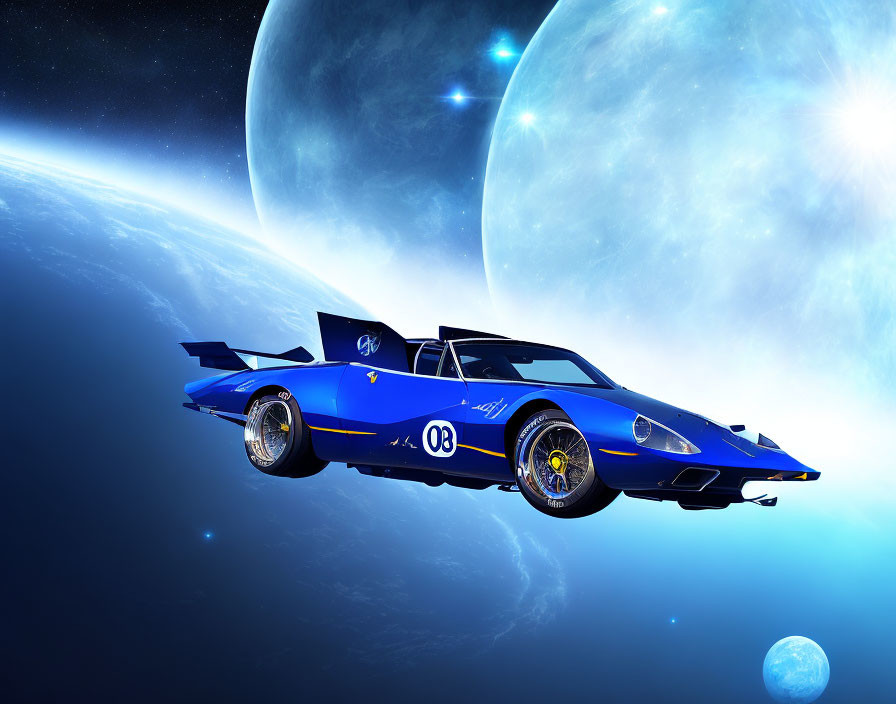 Blue race car number 08 in space with planets and stars