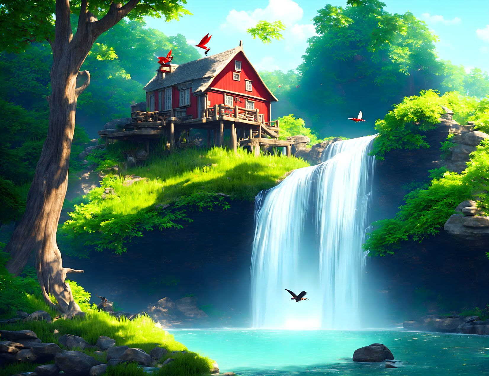 Red House Over Waterfall in Lush Greenery with Birds