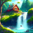 Red House Over Waterfall in Lush Greenery with Birds