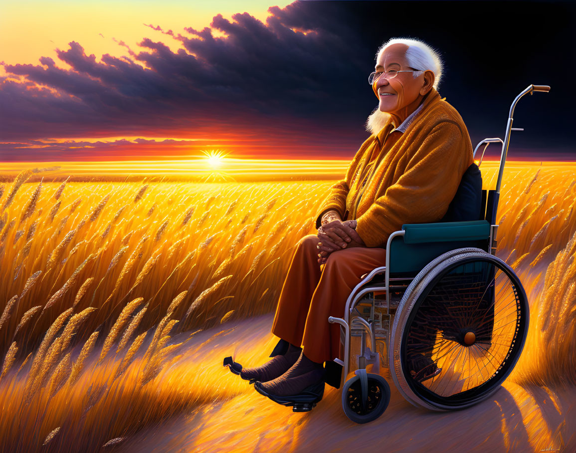 Elderly person in wheelchair enjoying sunset over wheat field