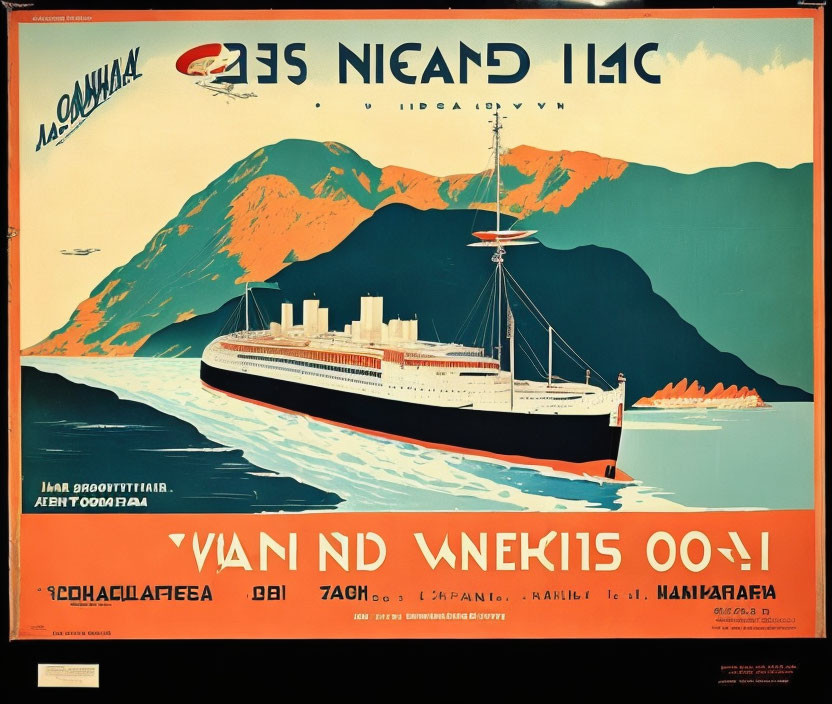 Classic Ocean Liner Travel Poster in Red, Green, and Black