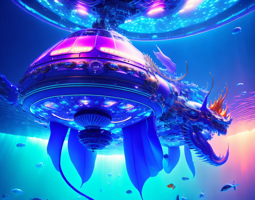 Futuristic submarine surrounded by exotic sea creatures in vibrant underwater scene