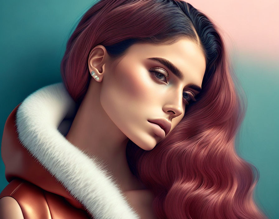 Digital Artwork: Woman with Pink Hair and Blue Eyes in Fur Coat on Teal Background