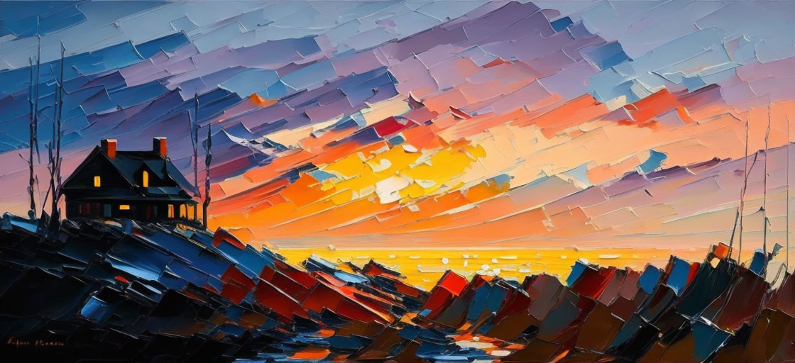 Vibrant impasto painting of a house on a hill with textured sunset sky & colorful abstract landscape