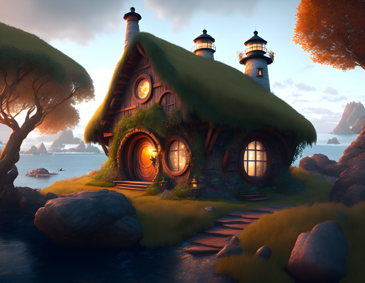 Lighthouse-themed cottage nestled among trees and rocks by the sea at sunset