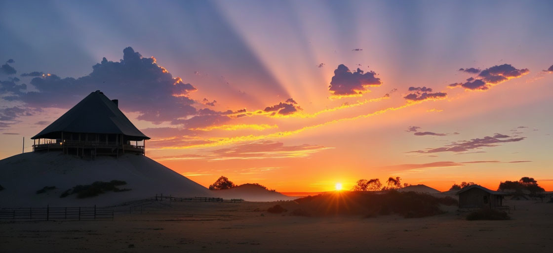 Sunset with crepuscular rays behind pyramid-shaped building on sand dune