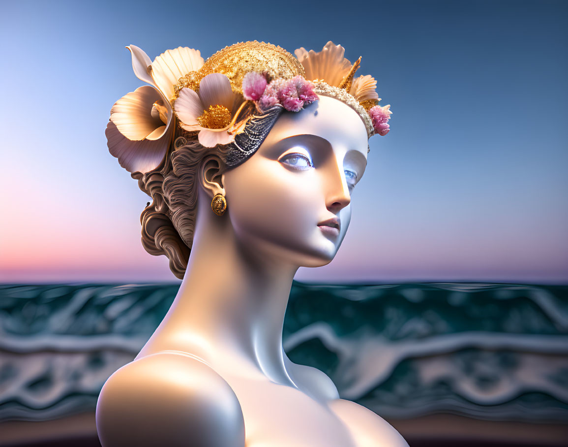 Illustrated 3D Woman with Ornate Hairpiece and Ocean Sunset Background