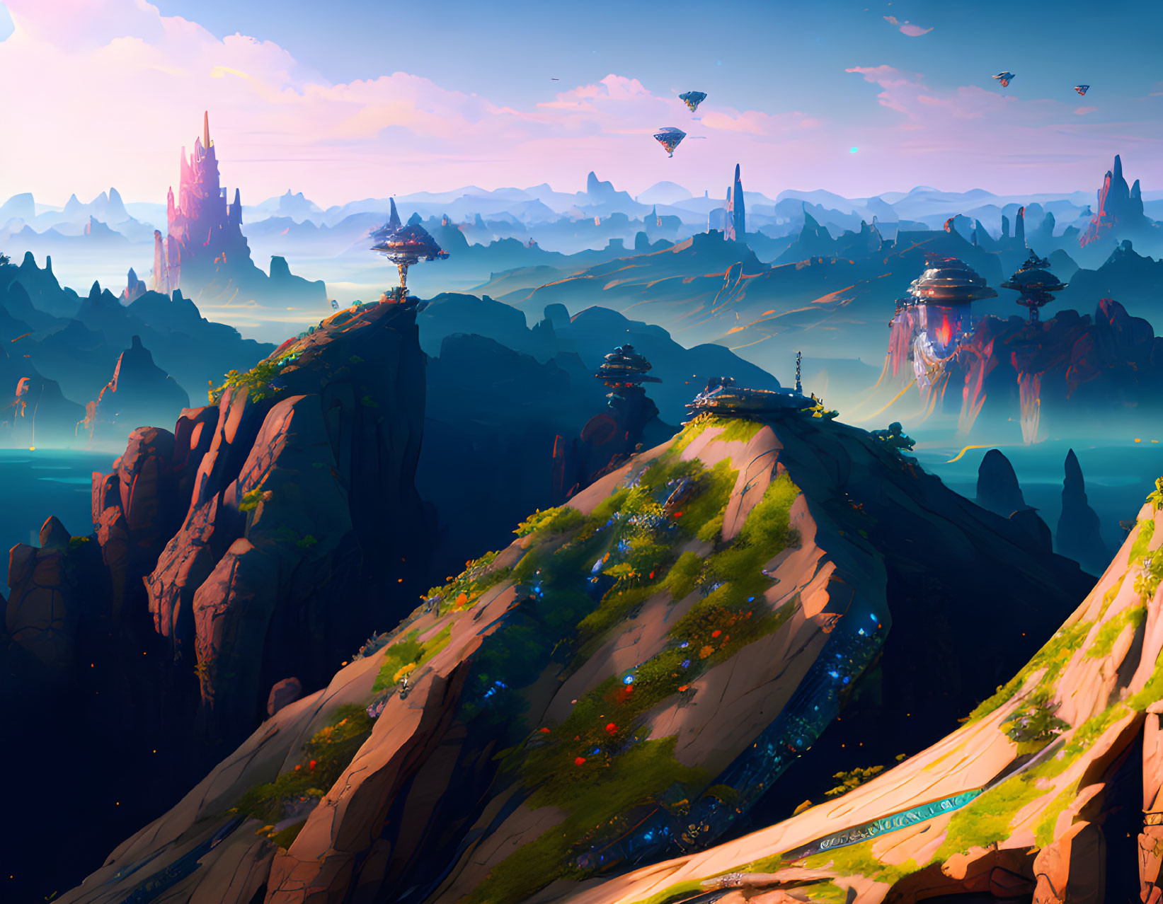 Colorful fantasy landscape with towering rock formations and futuristic floating structures