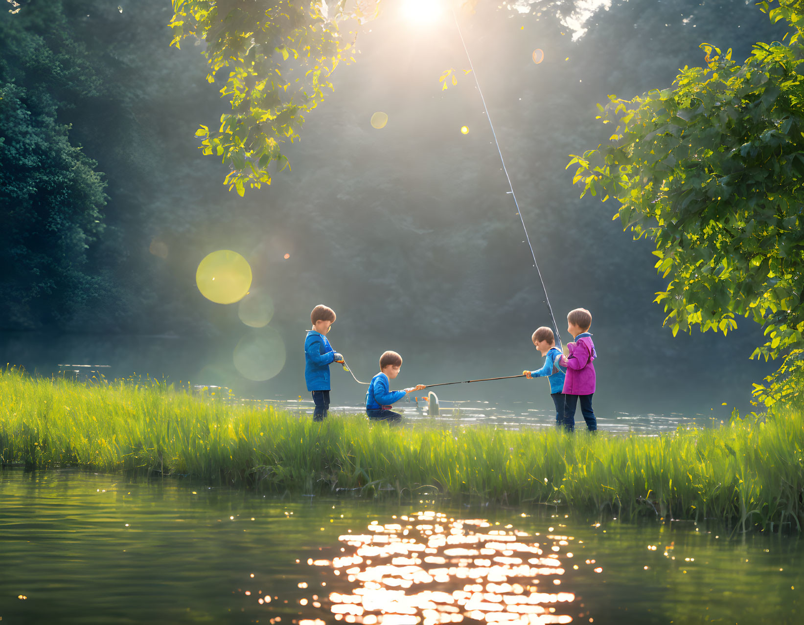 Four children fishing by river at sunset amidst lush greenery