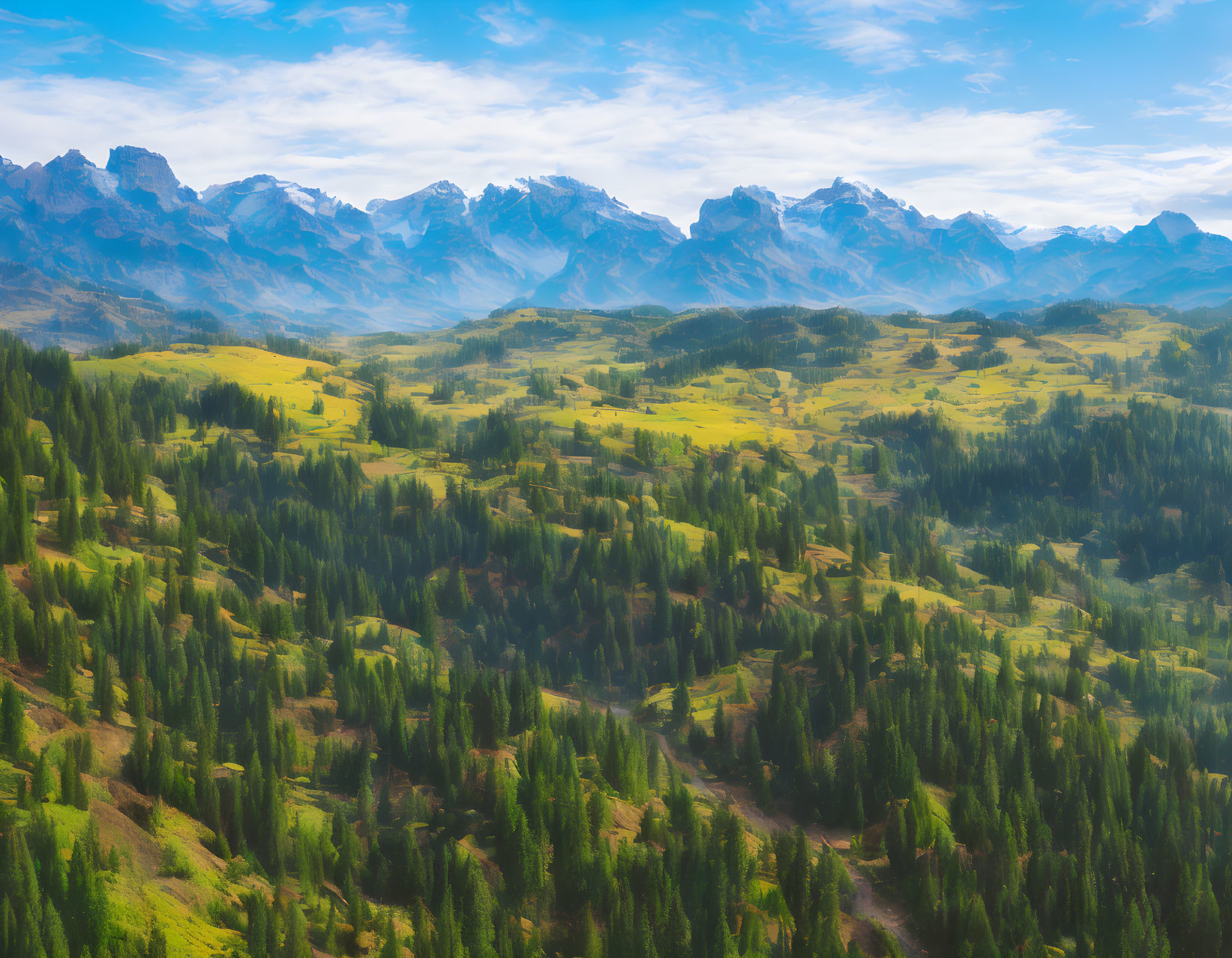 Lush green forests on rolling hills with yellow foliage and distant mountains.