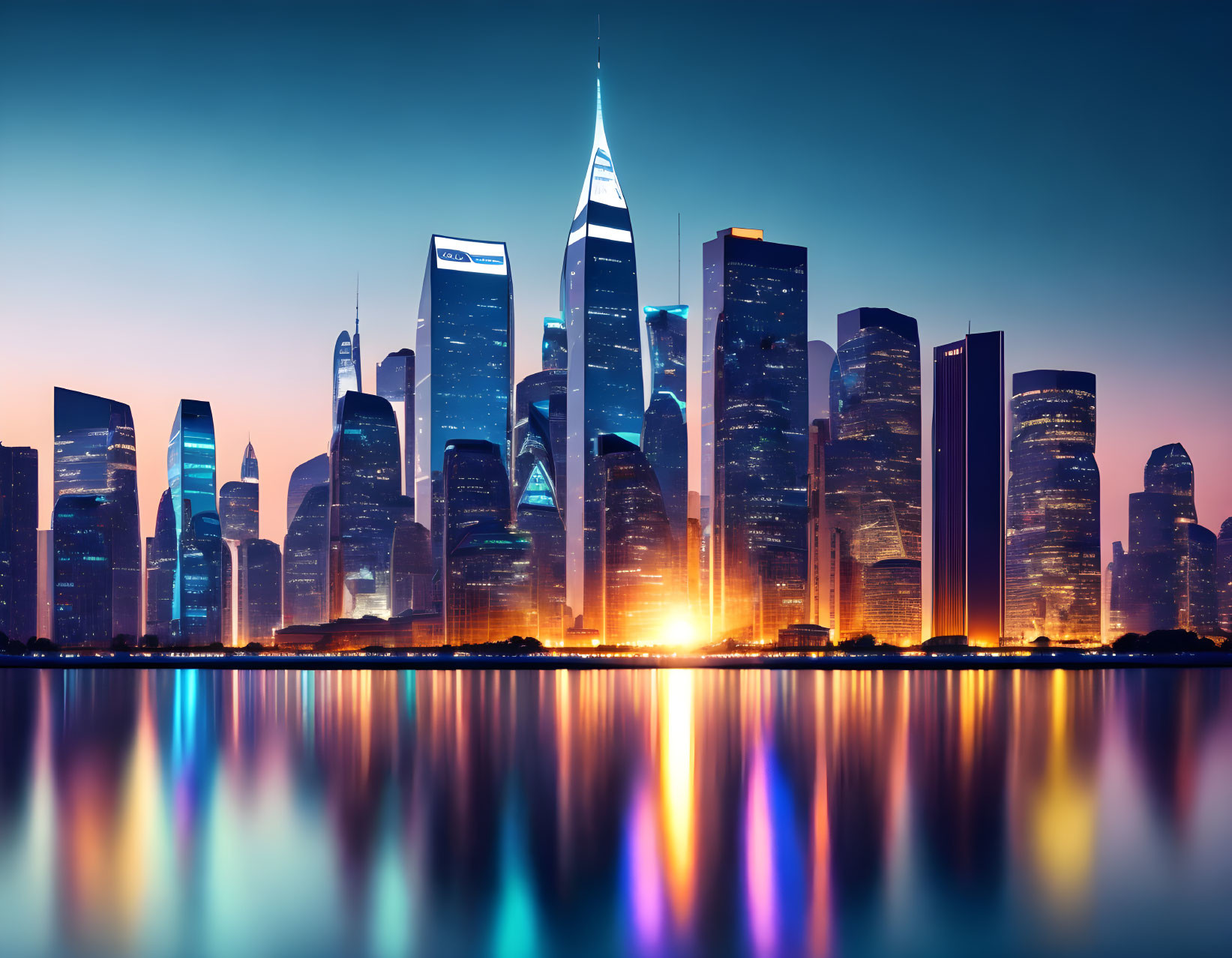 Modern skyscrapers reflecting on calm water in twilight cityscape.