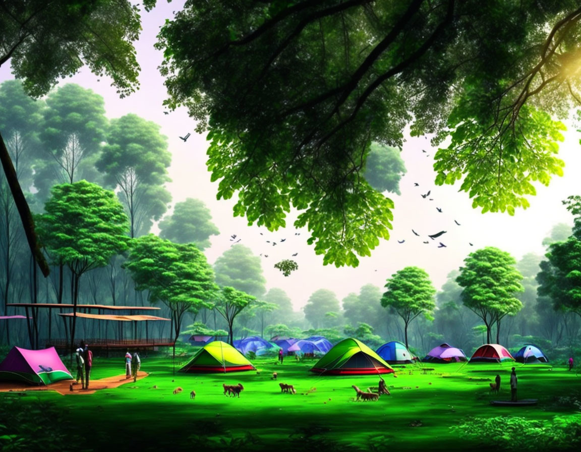 Tranquil forest campsite with colorful tents and birds in flight