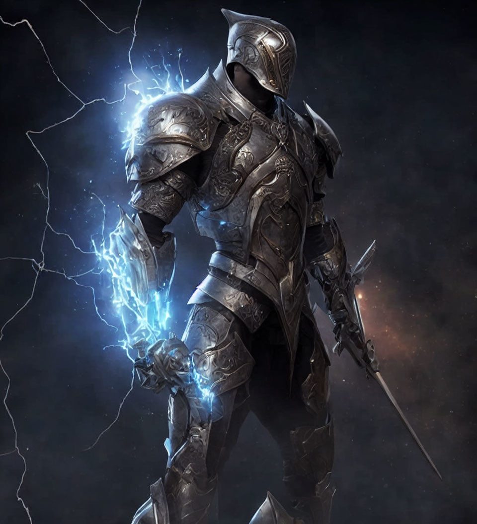 Ornate armored knight with lightning and sword in dark nebulous setting