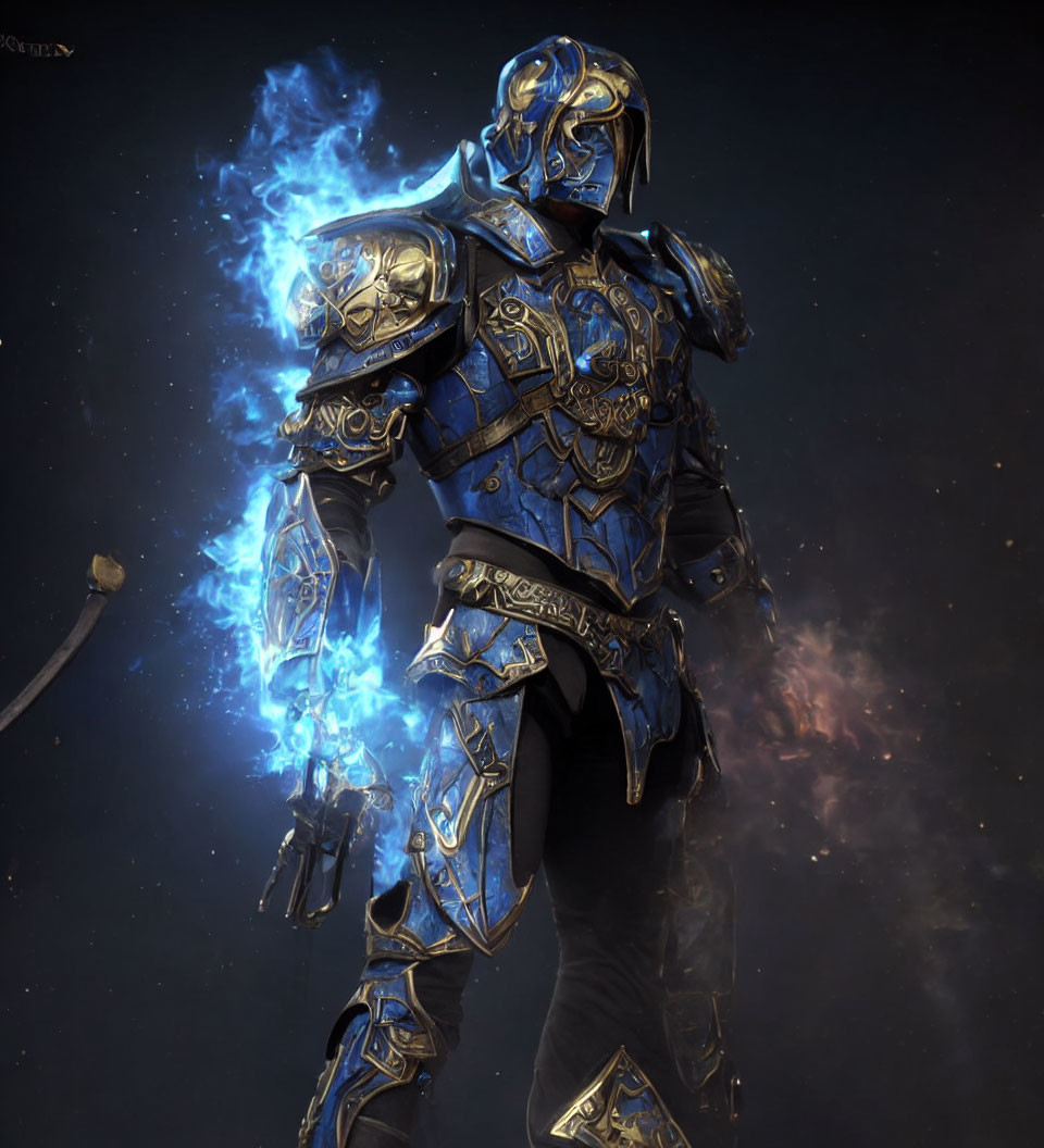 Mystical character in ornate blue armor with glowing accents and shield against dark backdrop