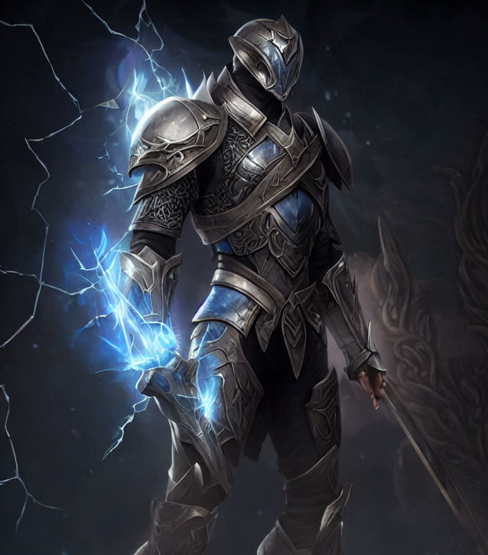 Knight in Ornate Armor with Glowing Blue Energy in Dark Setting