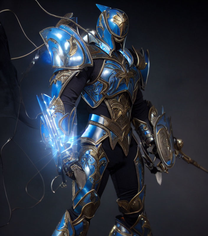 Medieval knight in blue glowing armor with shield on dark background