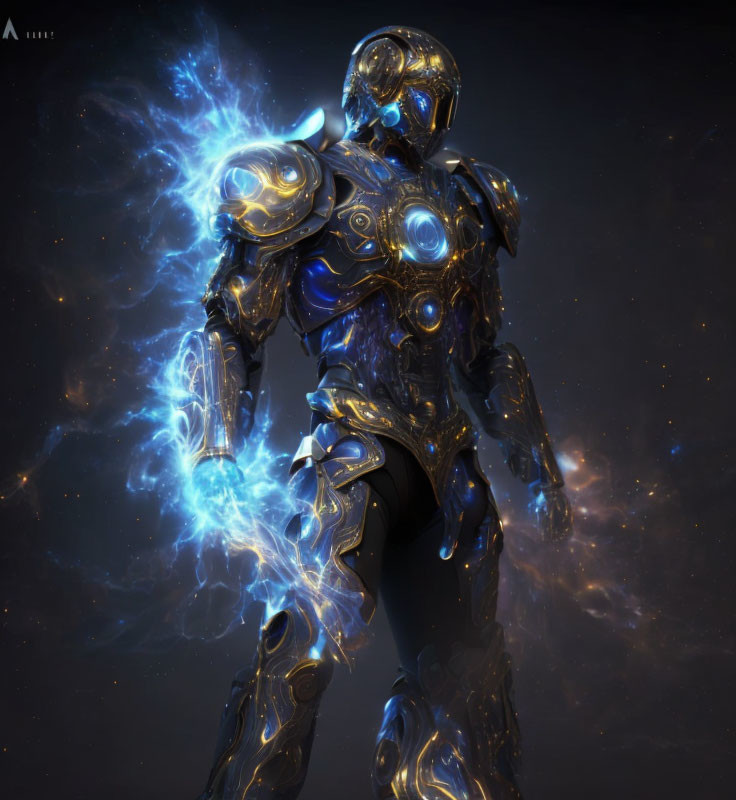 Futuristic armored figure with glowing blue lights and energy on dark background