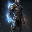 Knight in Ornate Armor with Glowing Blue Energy in Dark Setting