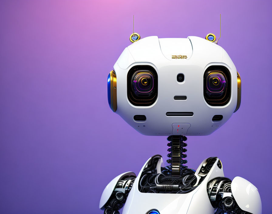 White Robot with Camera Eyes on Purple Background