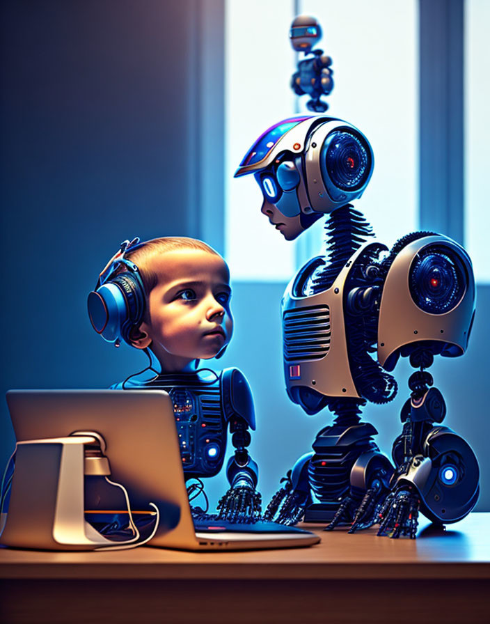 Child with headphones interacts with humanoid robot in dimly lit room