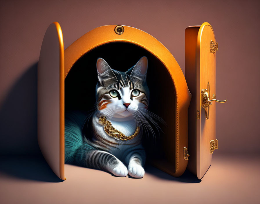 Tabby Cat with Golden Necklace in Orange Suitcase Cat House